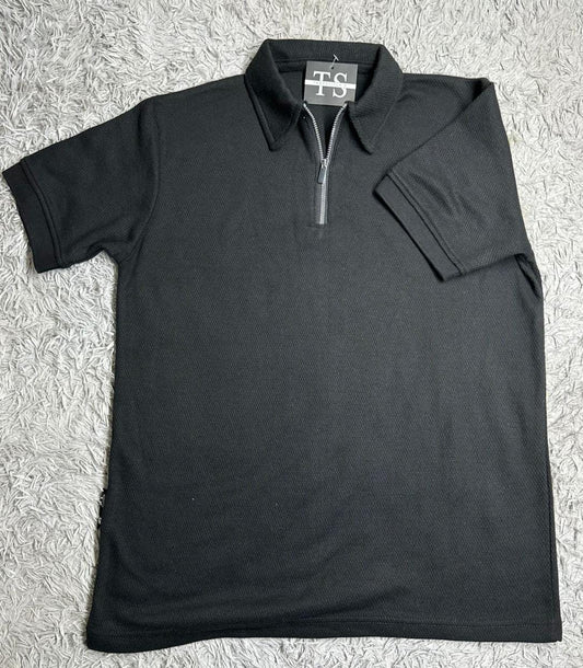 DRIFTNFIT BRANDED MASH FABRIC ZIPER POLO SHIRT (BLACK)