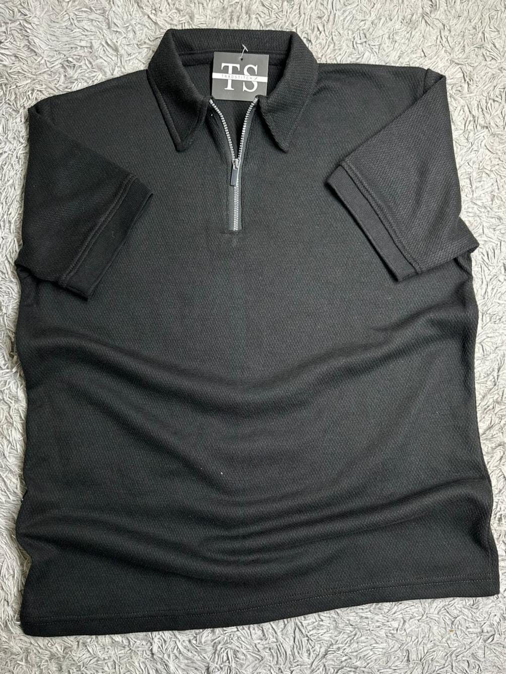 DRIFTNFIT BRANDED MASH FABRIC ZIPER POLO SHIRT (BLACK)