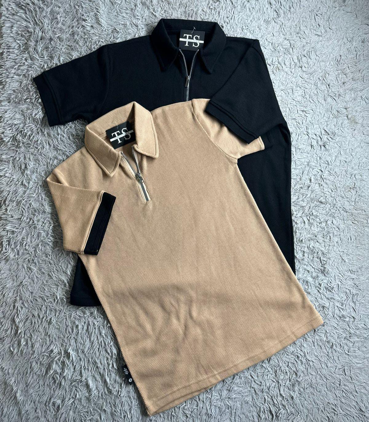 DRIFTNFIT BRANDED MASH FABRIC ZIPER POLO SHIRT (BLACK & SKIN) PACK OF 2
