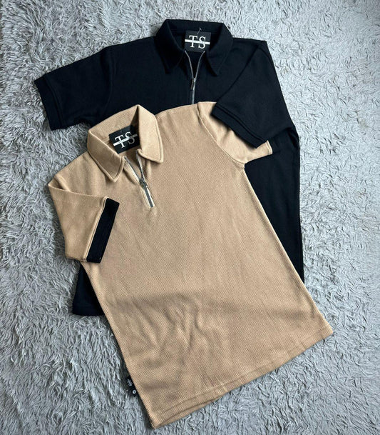 DRIFTNFIT BRANDED MASH FABRIC ZIPER POLO SHIRT (BLACK & SKIN) PACK OF 2