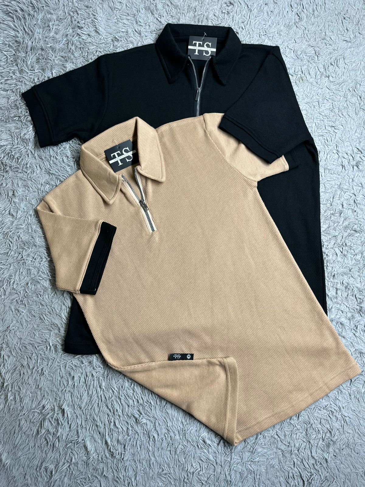 DRIFTNFIT BRANDED MASH FABRIC ZIPER POLO SHIRT (BLACK & SKIN) PACK OF 2